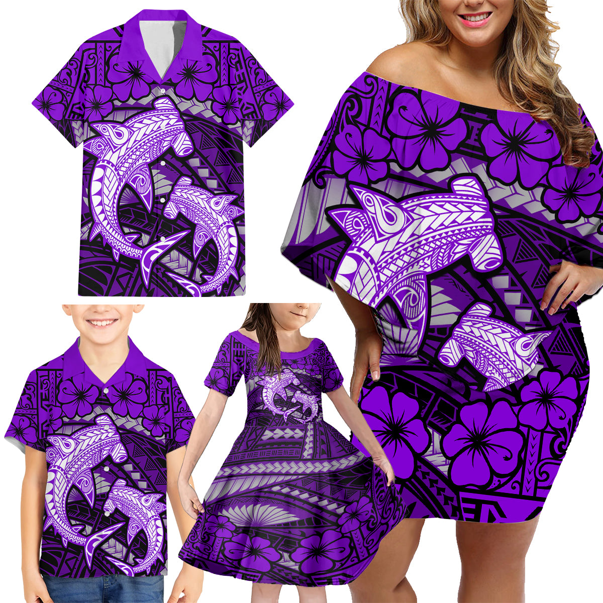 Polynesian Shark Valentine Day Family Matching Off Shoulder Short Dress and Hawaiian Shirt Hibiscus and Tribal Tattoo Purple Style LT03 - Polynesian Pride