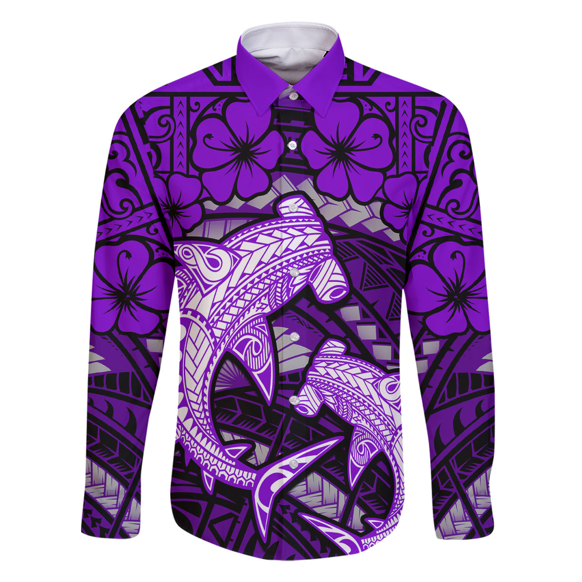 Polynesian Shark Valentine Day Family Matching Off Shoulder Short Dress and Hawaiian Shirt Hibiscus and Tribal Tattoo Purple Style LT03 Dad's Shirt - Long Sleeve Purple - Polynesian Pride