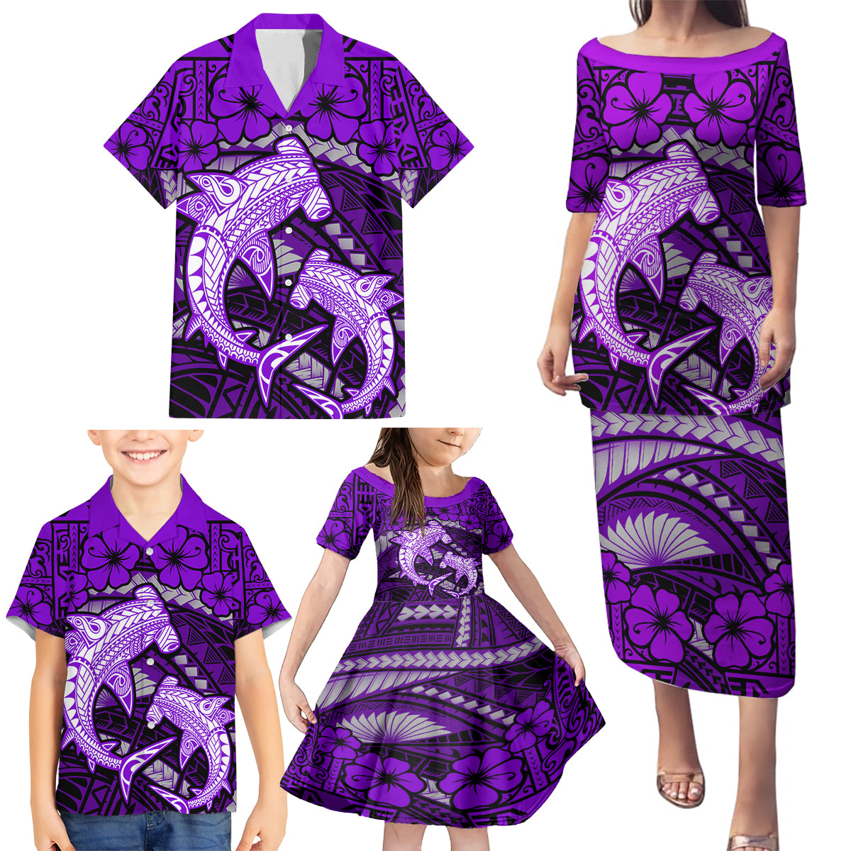 Polynesian Shark Valentine Day Family Matching Puletasi and Hawaiian Shirt Hibiscus and Tribal Tattoo Purple Style LT03 - Polynesian Pride