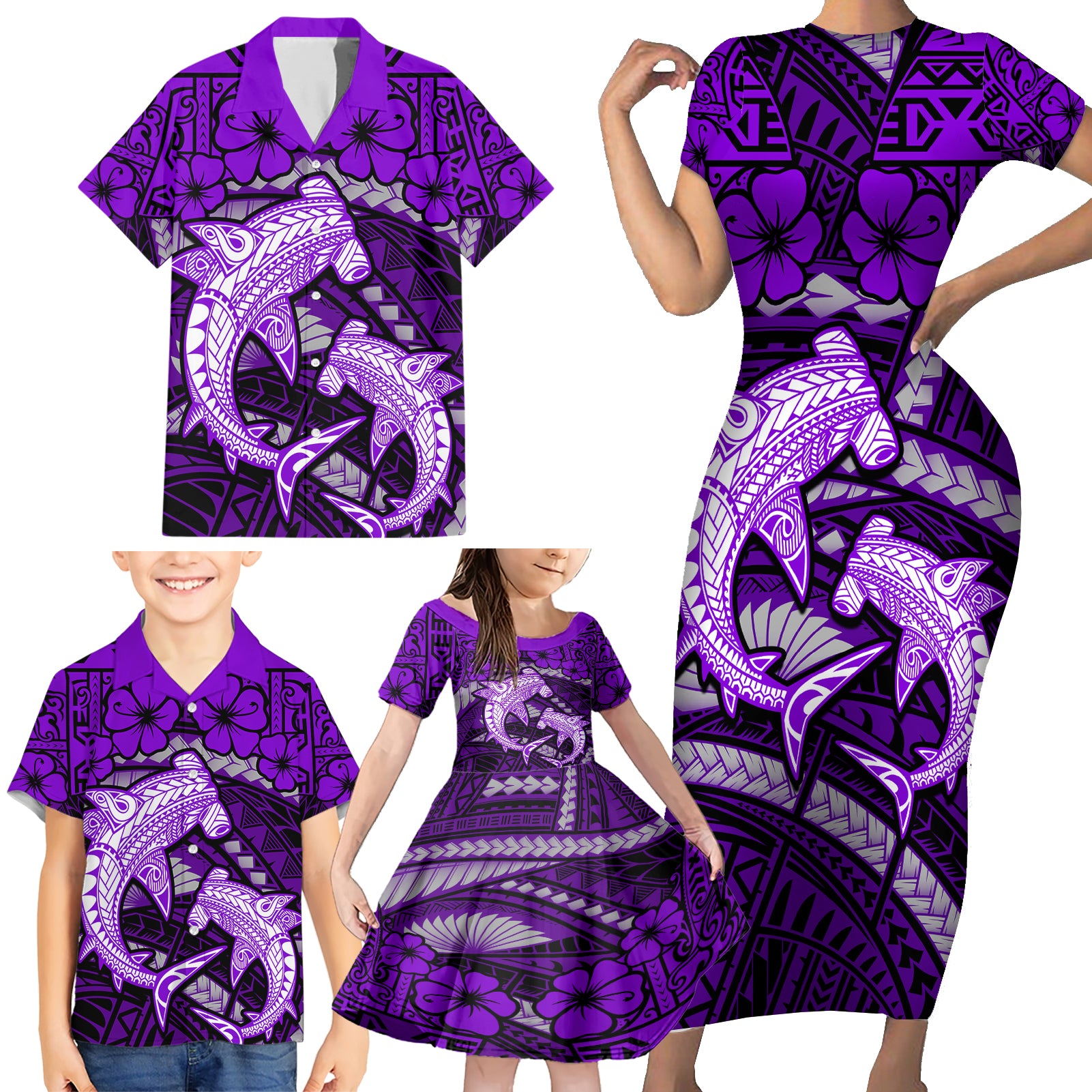 Polynesian Shark Valentine Day Family Matching Short Sleeve Bodycon Dress and Hawaiian Shirt Hibiscus and Tribal Tattoo Purple Style LT03 - Polynesian Pride