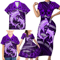 Polynesian Shark Valentine Day Family Matching Short Sleeve Bodycon Dress and Hawaiian Shirt Hibiscus and Tribal Tattoo Purple Style LT03 - Polynesian Pride