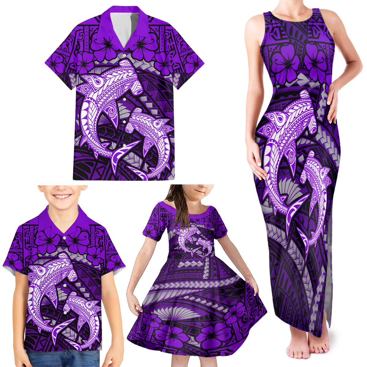 Polynesian Shark Valentine Day Family Matching Tank Maxi Dress and Hawaiian Shirt Hibiscus and Tribal Tattoo Purple Style LT03 - Polynesian Pride