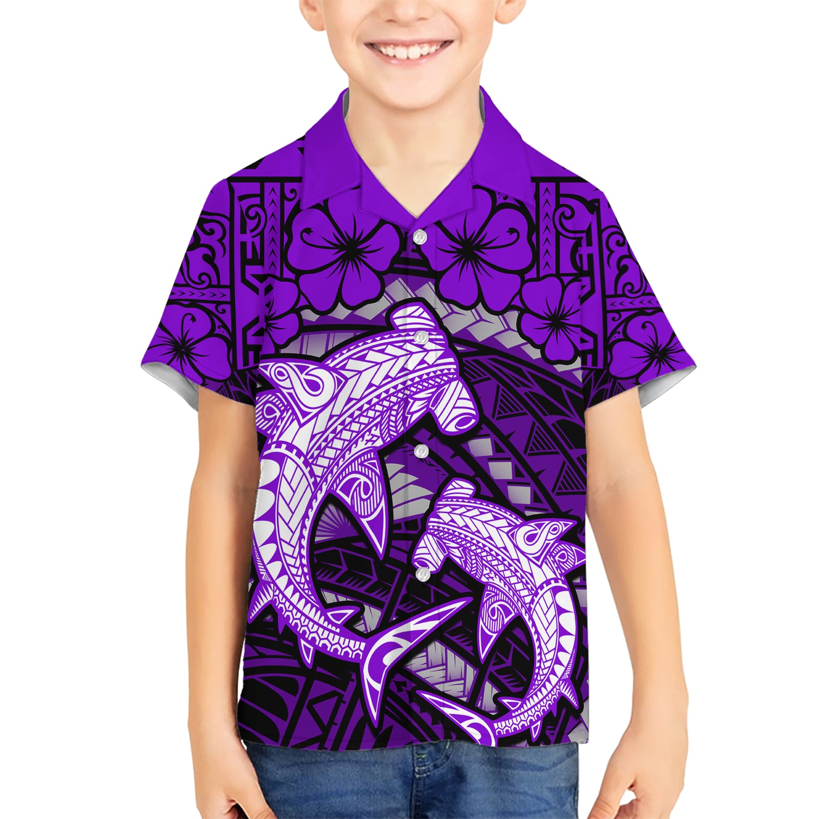 Polynesian Shark Valentine Day Kid Hawaiian Shirt Hibiscus and Tribal Tattoo Purple Style LT03 Kid Purple - Polynesian Pride