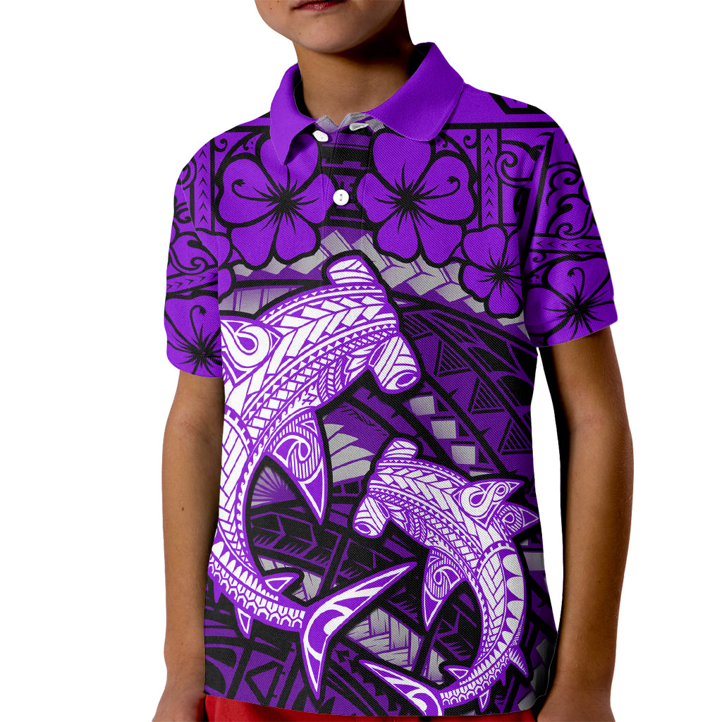 Polynesian Shark Valentine Day Kid Polo Shirt Hibiscus and Tribal Tattoo Purple Style LT03 Kid Purple - Polynesian Pride