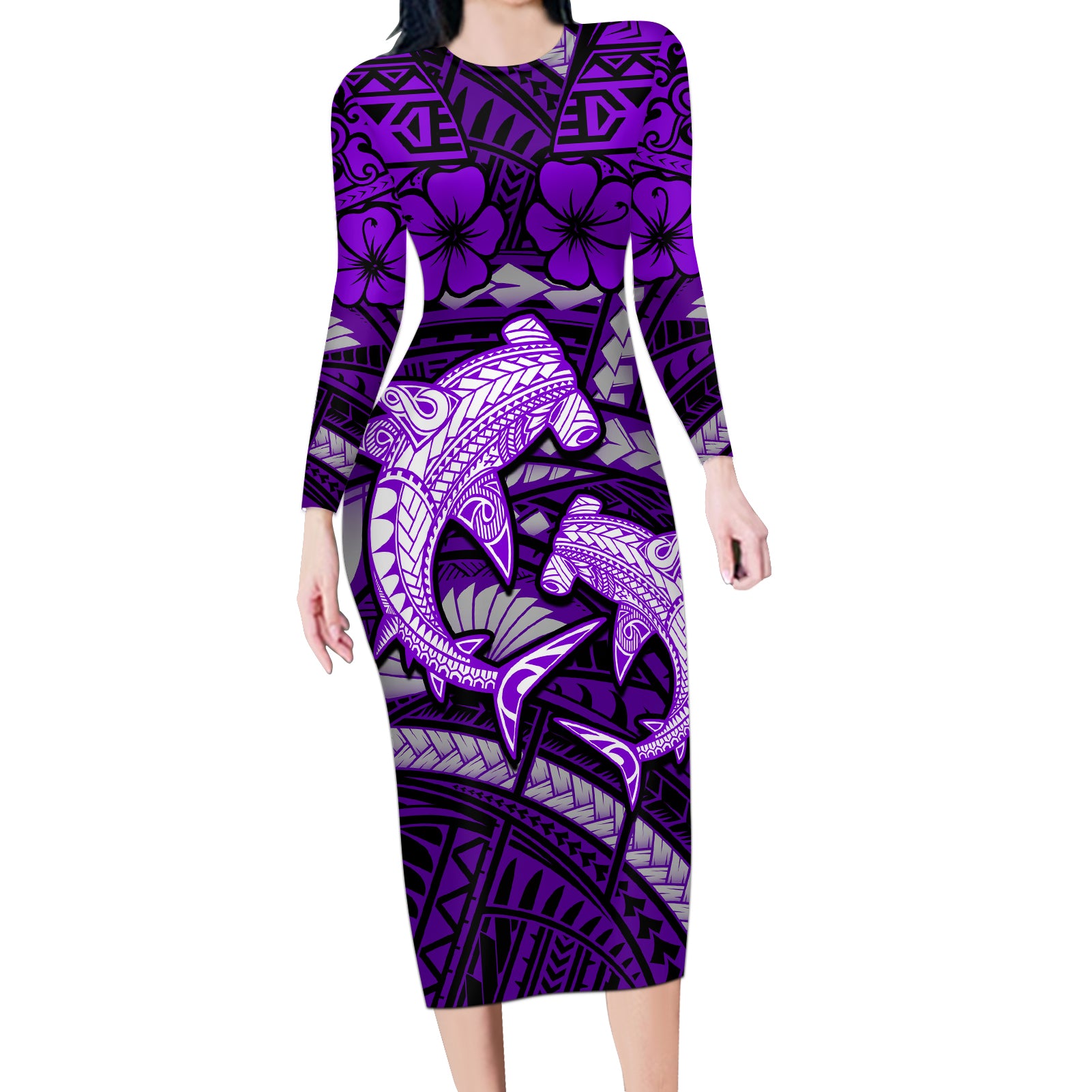 Polynesian Shark Valentine Day Long Sleeve Bodycon Dress Hibiscus and Tribal Tattoo Purple Style LT03 Long Dress Purple - Polynesian Pride