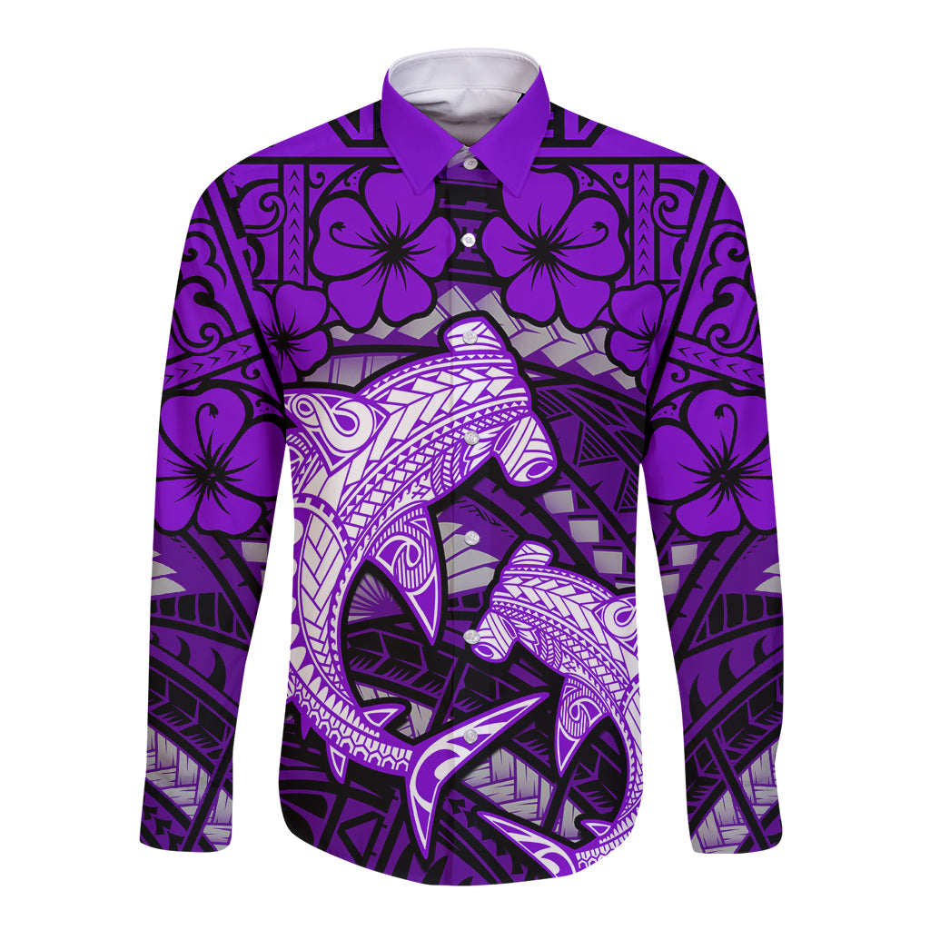 Polynesian Shark Valentine Day Long Sleeve Button Shirt Hibiscus and Tribal Tattoo Purple Style LT03 Unisex Purple - Polynesian Pride