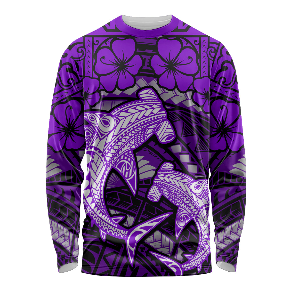 Polynesian Shark Valentine Day Long Sleeve Shirt Hibiscus and Tribal Tattoo Purple Style LT03 Unisex Purple - Polynesian Pride