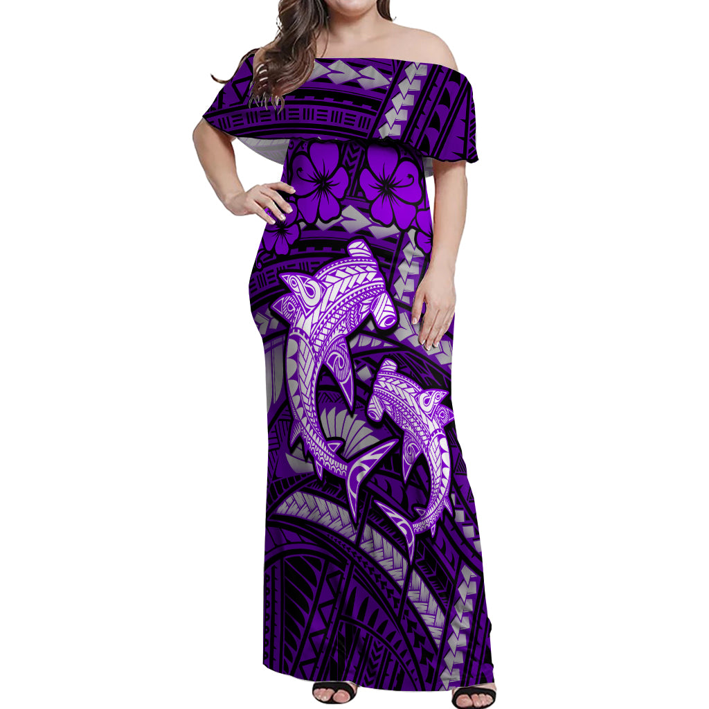 Polynesian Shark Valentine Day Off Shoulder Maxi Dress Hibiscus and Tribal Tattoo Purple Style LT03 Women Purple - Polynesian Pride