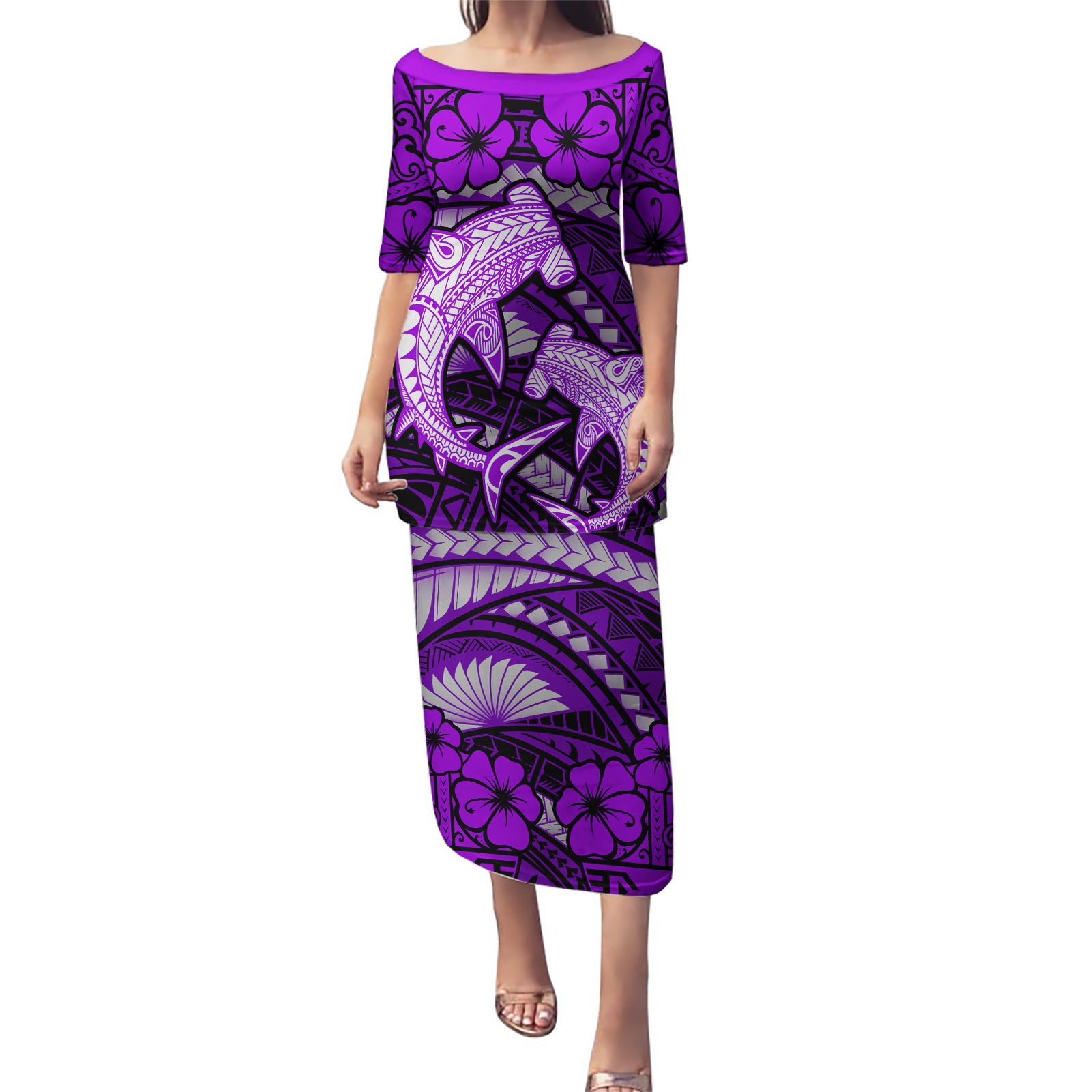 Polynesian Shark Valentine Day Puletasi Hibiscus and Tribal Tattoo Purple Style LT03 Long Dress Purple - Polynesian Pride