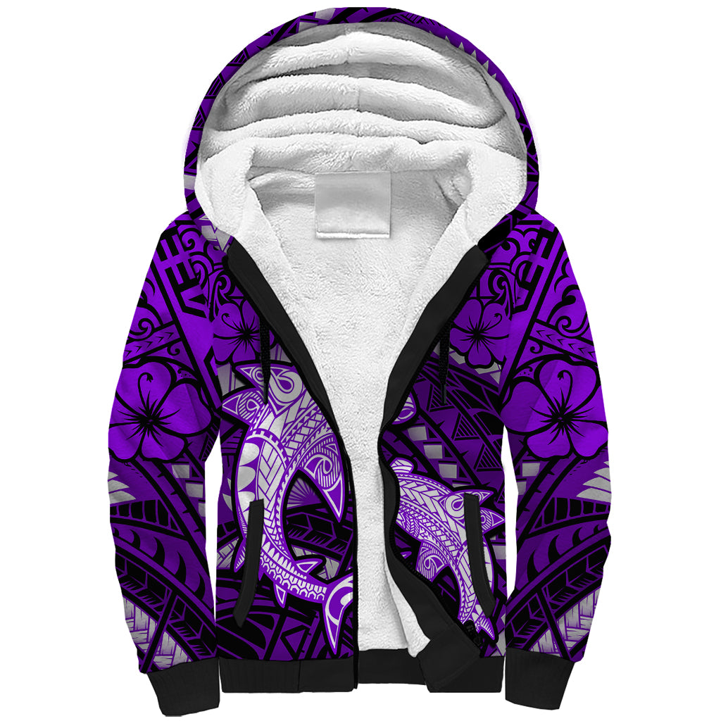 Polynesian Shark Valentine Day Sherpa Hoodie Hibiscus and Tribal Tattoo Purple Style LT03 Unisex Purple - Polynesian Pride