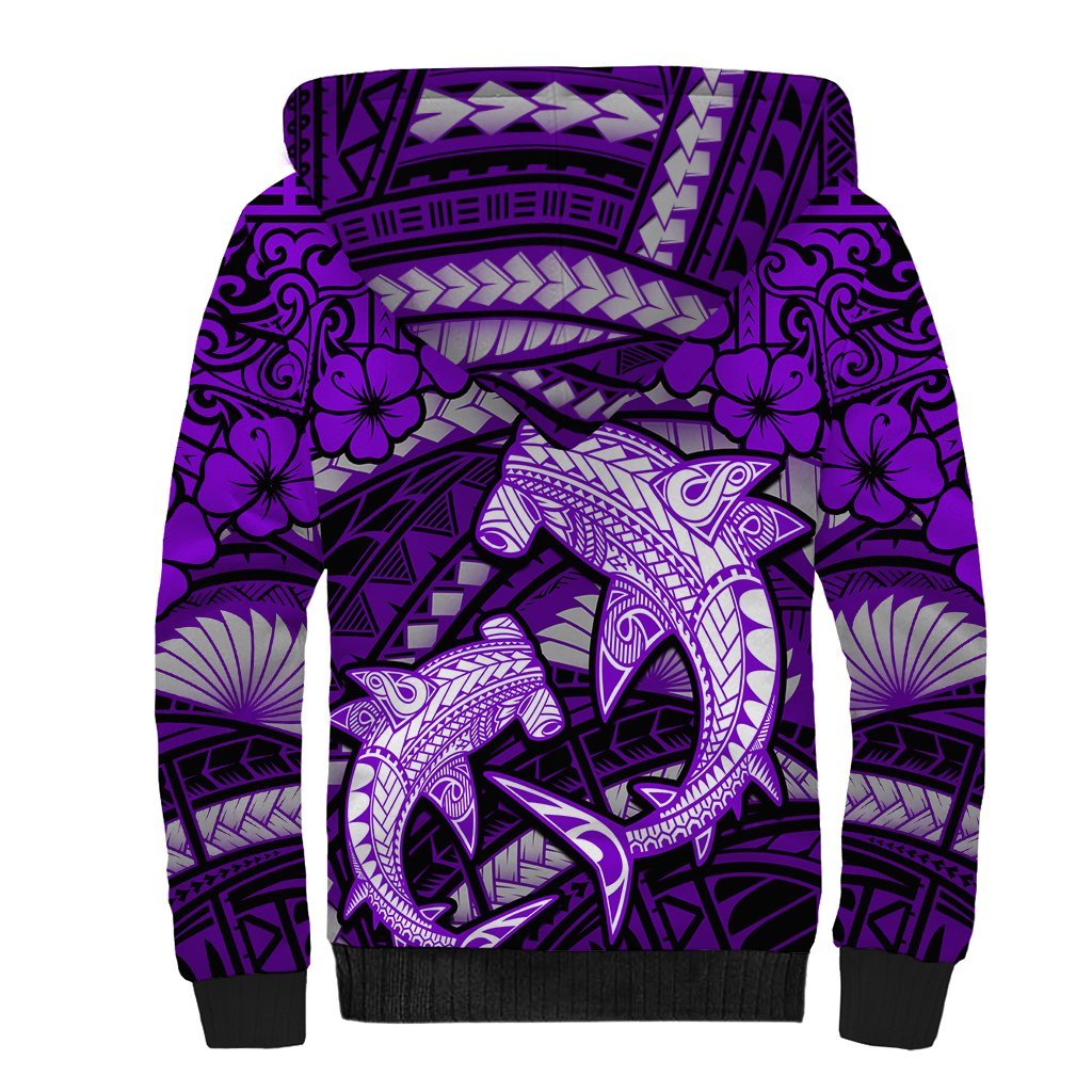 Polynesian Shark Valentine Day Sherpa Hoodie Hibiscus and Tribal Tattoo Purple Style LT03 - Polynesian Pride