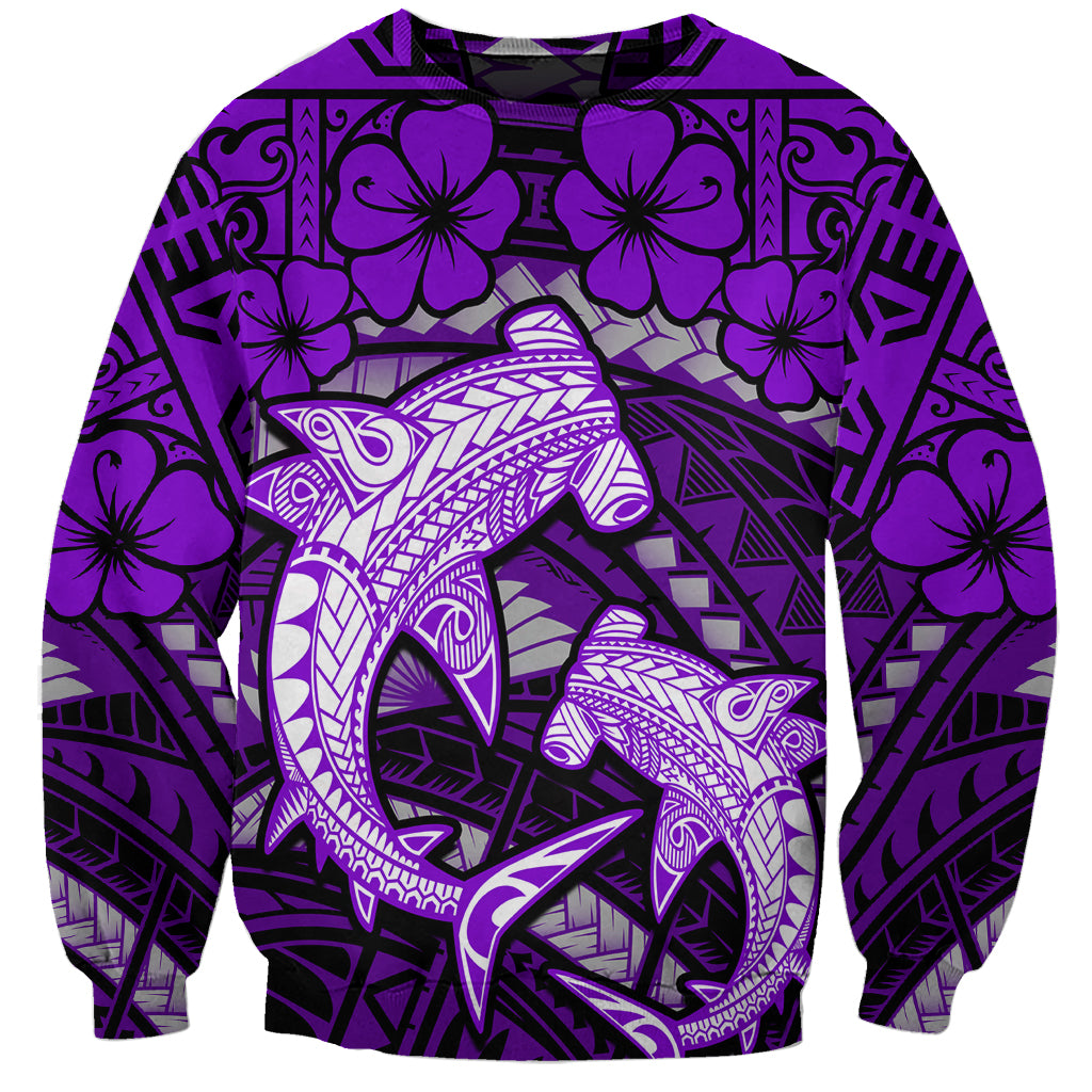 Polynesian Shark Valentine Day Sweatshirt Hibiscus and Tribal Tattoo Purple Style LT03 Unisex Purple - Polynesian Pride