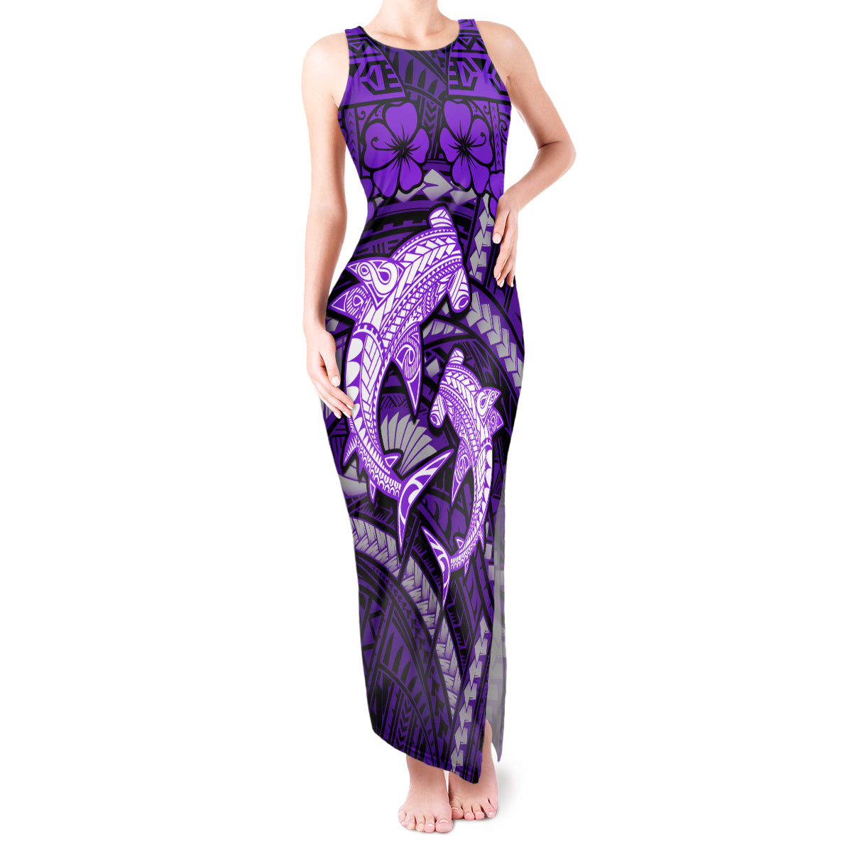 Polynesian Shark Valentine Day Tank Maxi Dress Hibiscus and Tribal Tattoo Purple Style LT03 Women Purple - Polynesian Pride