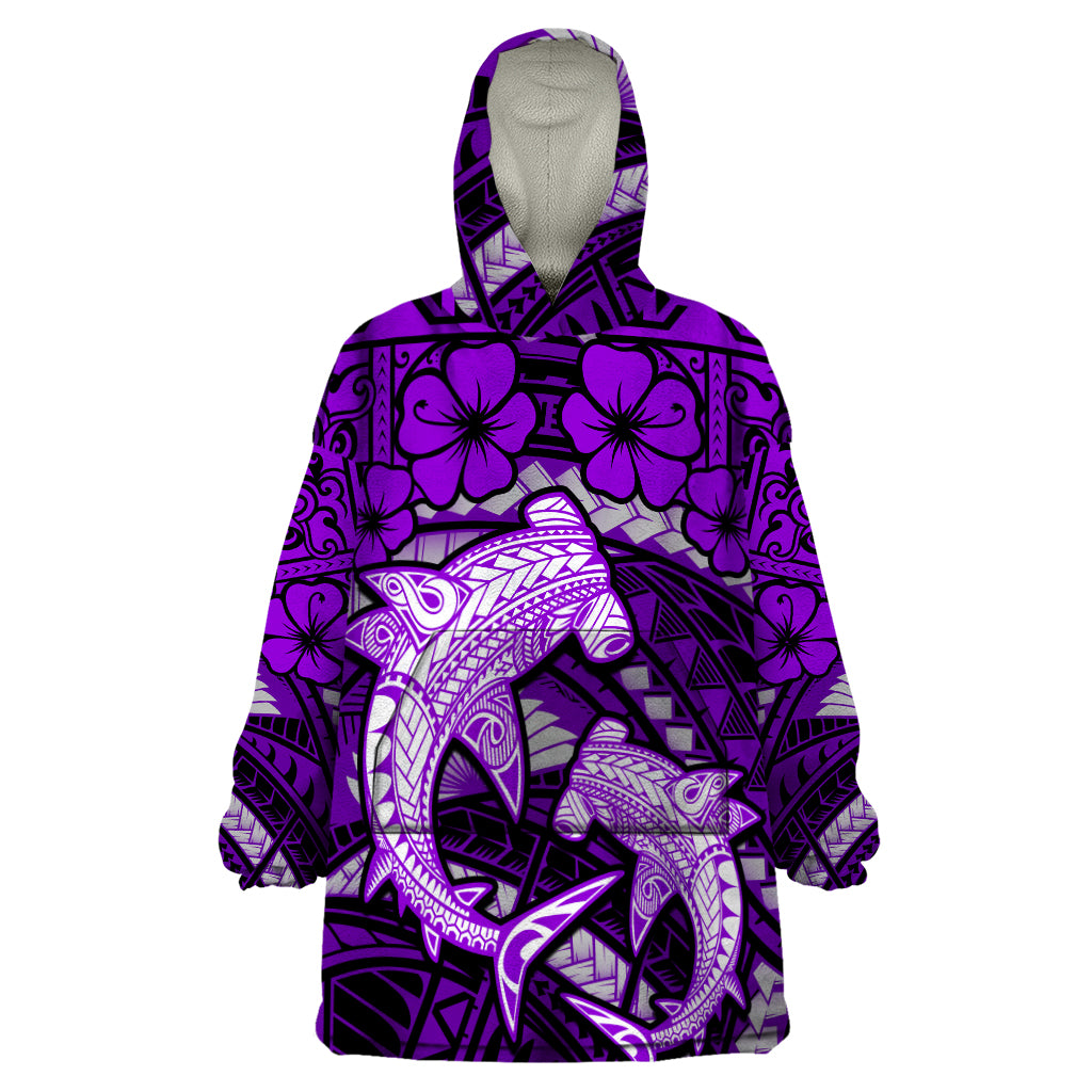 Polynesian Shark Valentine Day Wearable Blanket Hoodie Hibiscus and Tribal Tattoo Purple Style LT03 One Size Purple - Polynesian Pride