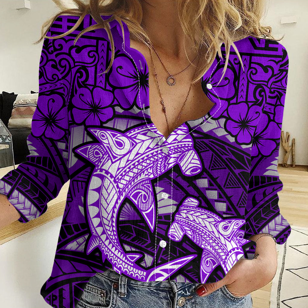 Polynesian Shark Valentine Day Women Casual Shirt Hibiscus and Tribal Tattoo Purple Style LT03 Female Purple - Polynesian Pride