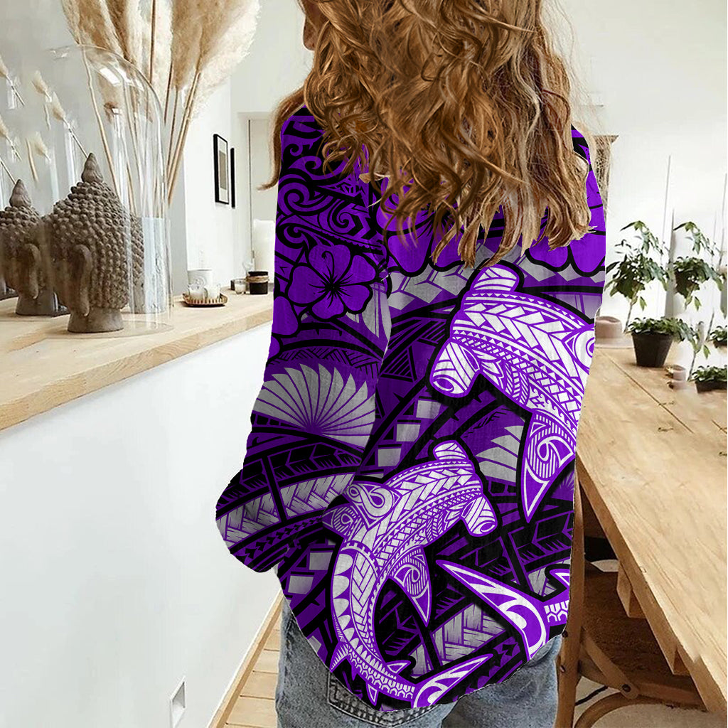 Polynesian Shark Valentine Day Women Casual Shirt Hibiscus and Tribal Tattoo Purple Style LT03 - Polynesian Pride