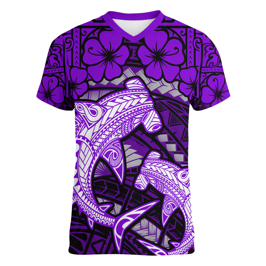 Polynesian Shark Valentine Day Women V Neck T Shirt Hibiscus and Tribal Tattoo Purple Style LT03 Female Purple - Polynesian Pride