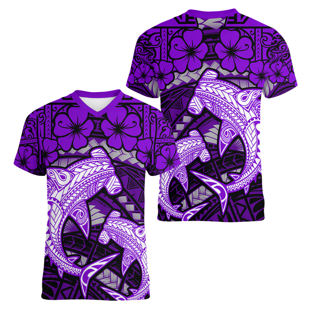 Polynesian Shark Valentine Day Women V Neck T Shirt Hibiscus and Tribal Tattoo Purple Style LT03 - Polynesian Pride