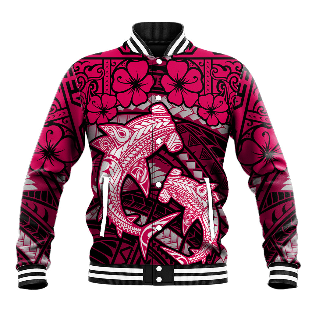 Polynesian Shark Valentine Day Baseball Jacket Hibiscus and Tribal Tattoo Pink Style LT03 Unisex Pink - Polynesian Pride