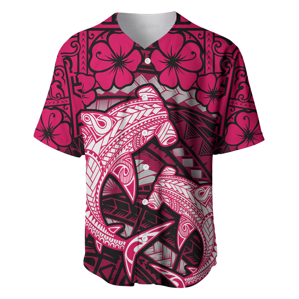 Polynesian Shark Valentine Day Baseball Jersey Hibiscus and Tribal Tattoo Pink Style LT03 Pink - Polynesian Pride