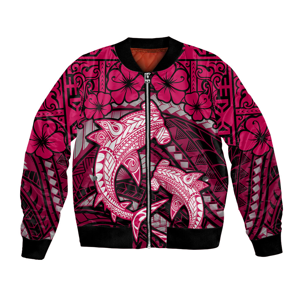 Polynesian Shark Valentine Day Bomber Jacket Hibiscus and Tribal Tattoo Pink Style LT03 Unisex Pink - Polynesian Pride