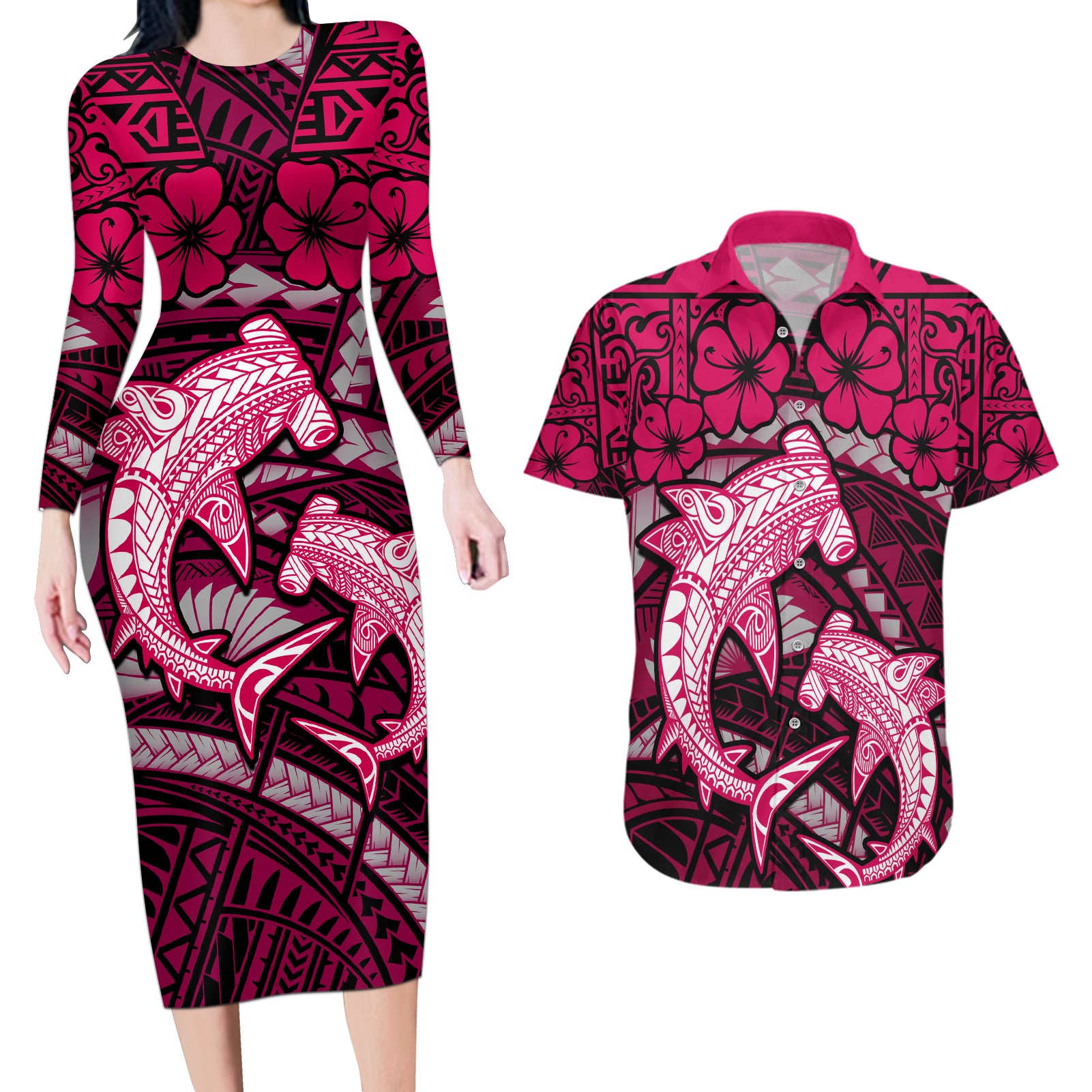 Polynesian Shark Valentine Day Couples Matching Long Sleeve Bodycon Dress and Hawaiian Shirt Hibiscus and Tribal Tattoo Pink Style LT03 Pink - Polynesian Pride