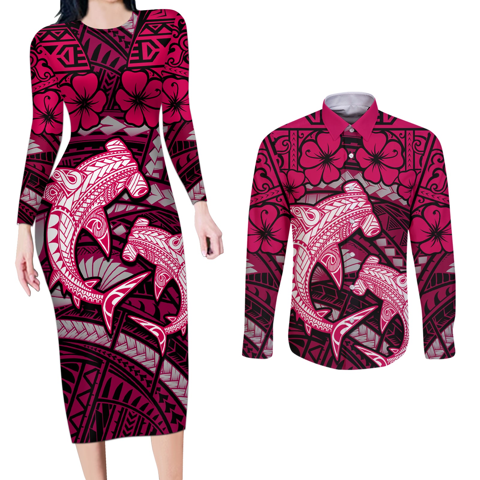 Polynesian Shark Valentine Day Couples Matching Long Sleeve Bodycon Dress and Long Sleeve Button Shirt Hibiscus and Tribal Tattoo Pink Style LT03 Pink - Polynesian Pride