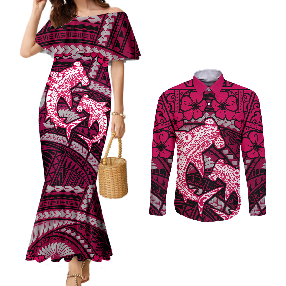 Polynesian Shark Valentine Day Couples Matching Mermaid Dress and Long Sleeve Button Shirt Hibiscus and Tribal Tattoo Pink Style LT03 Pink - Polynesian Pride