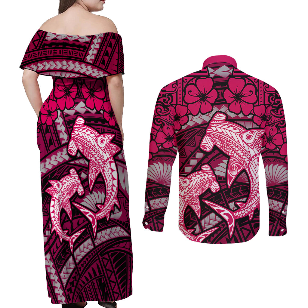 Polynesian Shark Valentine Day Couples Matching Off Shoulder Maxi Dress and Long Sleeve Button Shirt Hibiscus and Tribal Tattoo Pink Style LT03 - Polynesian Pride