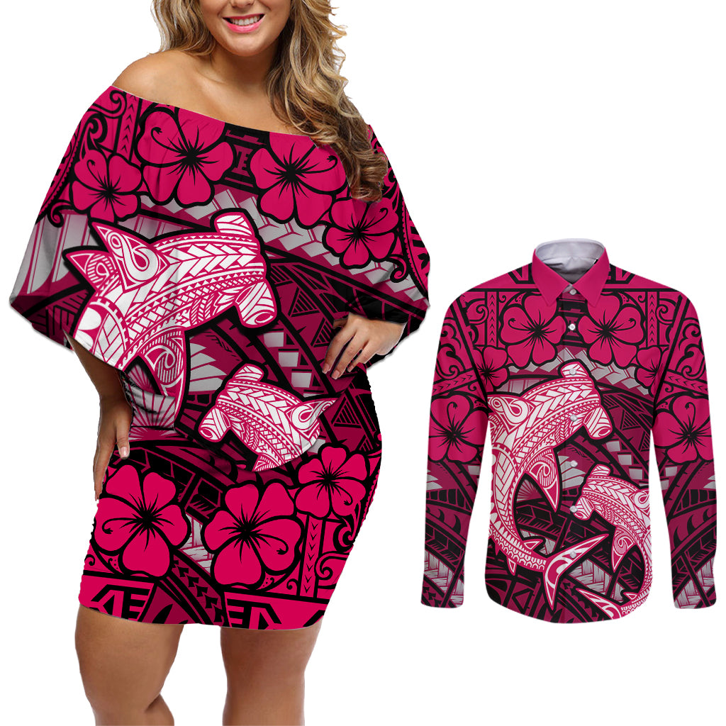 Polynesian Shark Valentine Day Couples Matching Off Shoulder Short Dress and Long Sleeve Button Shirt Hibiscus and Tribal Tattoo Pink Style LT03 Pink - Polynesian Pride