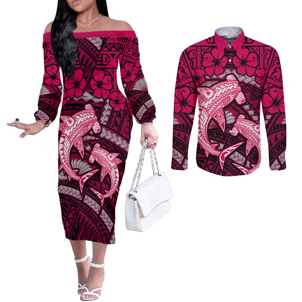 Polynesian Shark Valentine Day Couples Matching Off The Shoulder Long Sleeve Dress and Long Sleeve Button Shirt Hibiscus and Tribal Tattoo Pink Style LT03 Pink - Polynesian Pride