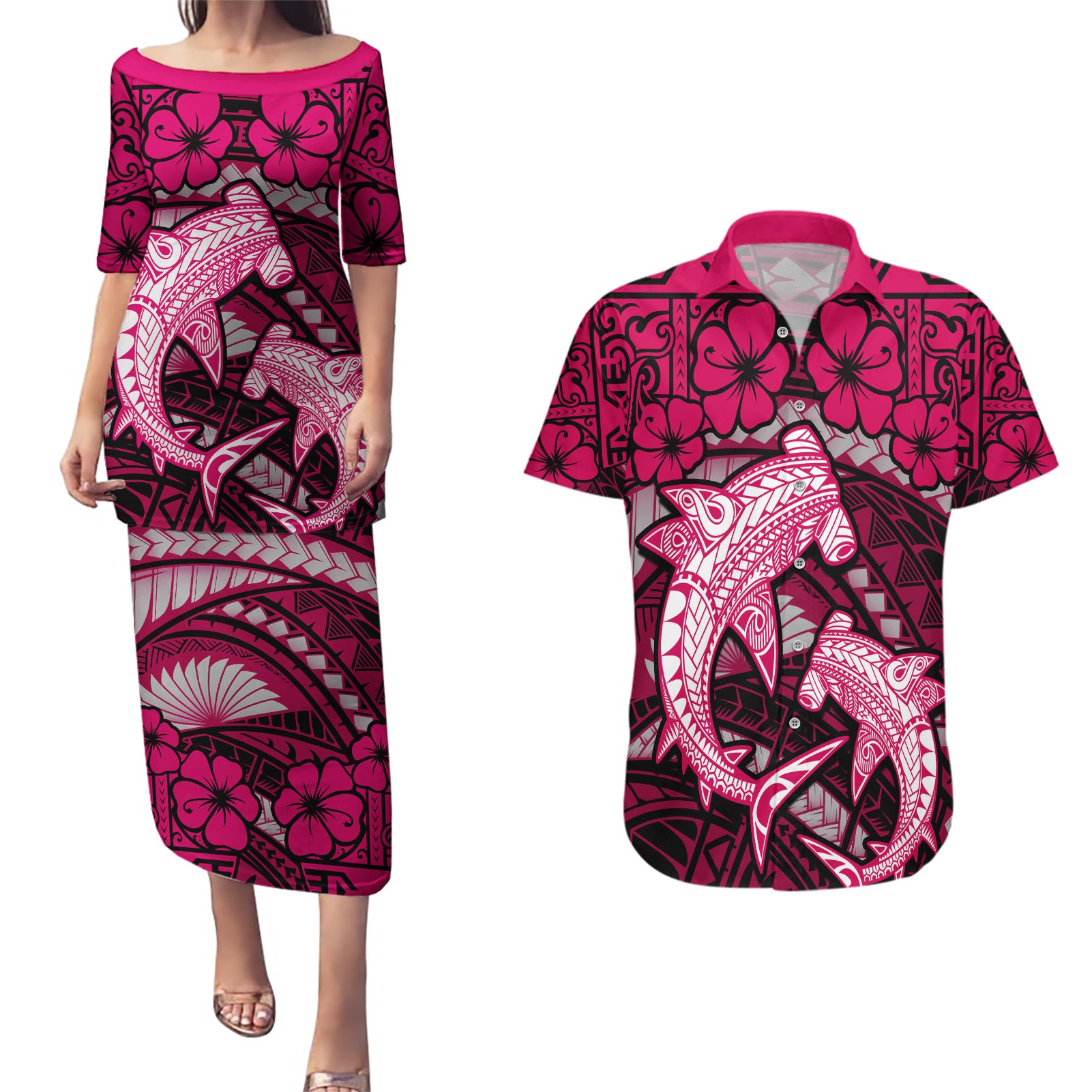 Polynesian Shark Valentine Day Couples Matching Puletasi and Hawaiian Shirt Hibiscus and Tribal Tattoo Pink Style LT03 Pink - Polynesian Pride