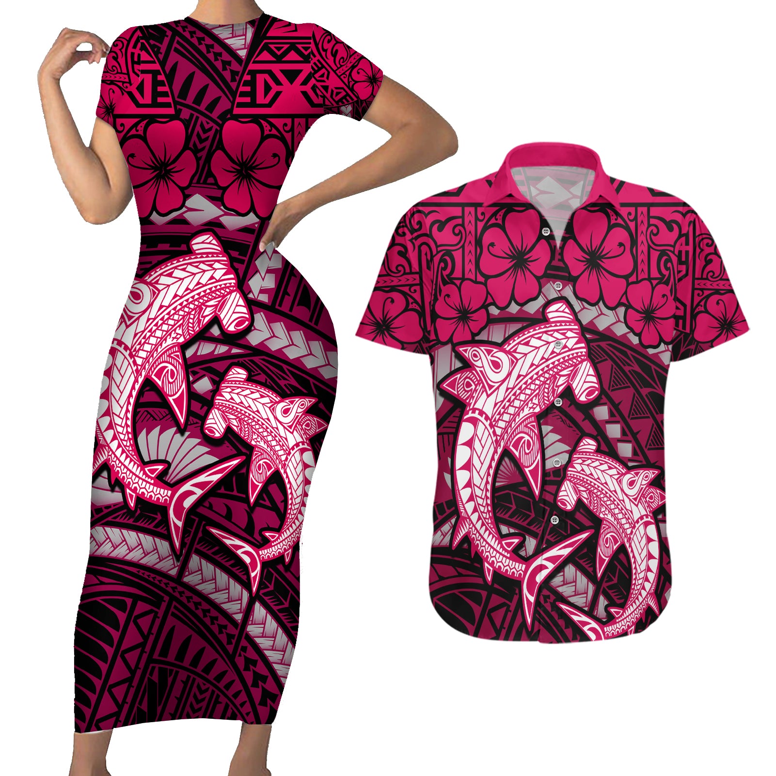 Polynesian Shark Valentine Day Couples Matching Short Sleeve Bodycon Dress and Hawaiian Shirt Hibiscus and Tribal Tattoo Pink Style LT03 Pink - Polynesian Pride