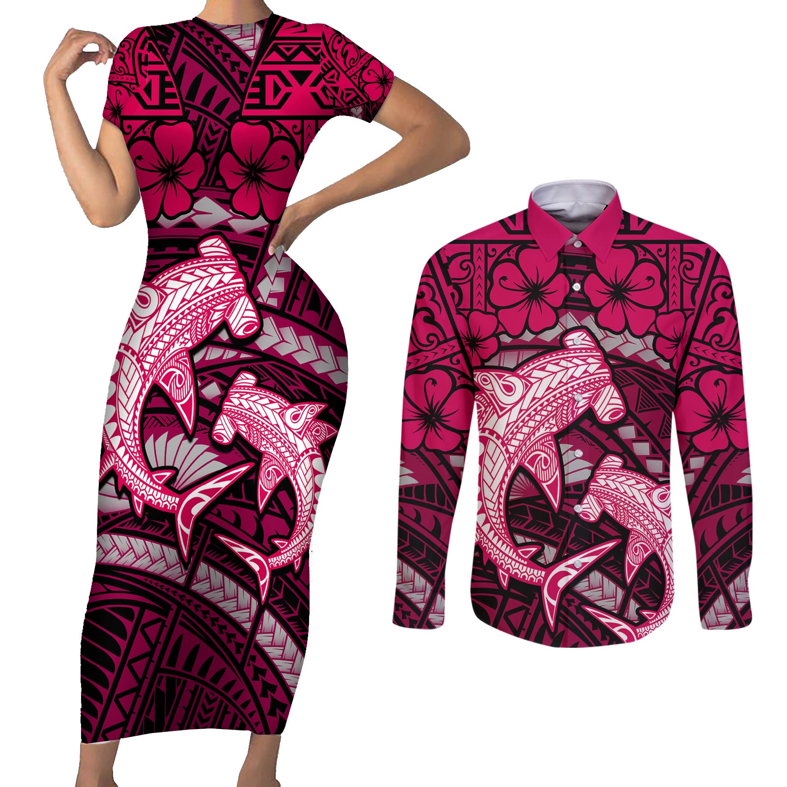 Polynesian Shark Valentine Day Couples Matching Short Sleeve Bodycon Dress and Long Sleeve Button Shirt Hibiscus and Tribal Tattoo Pink Style LT03 Pink - Polynesian Pride