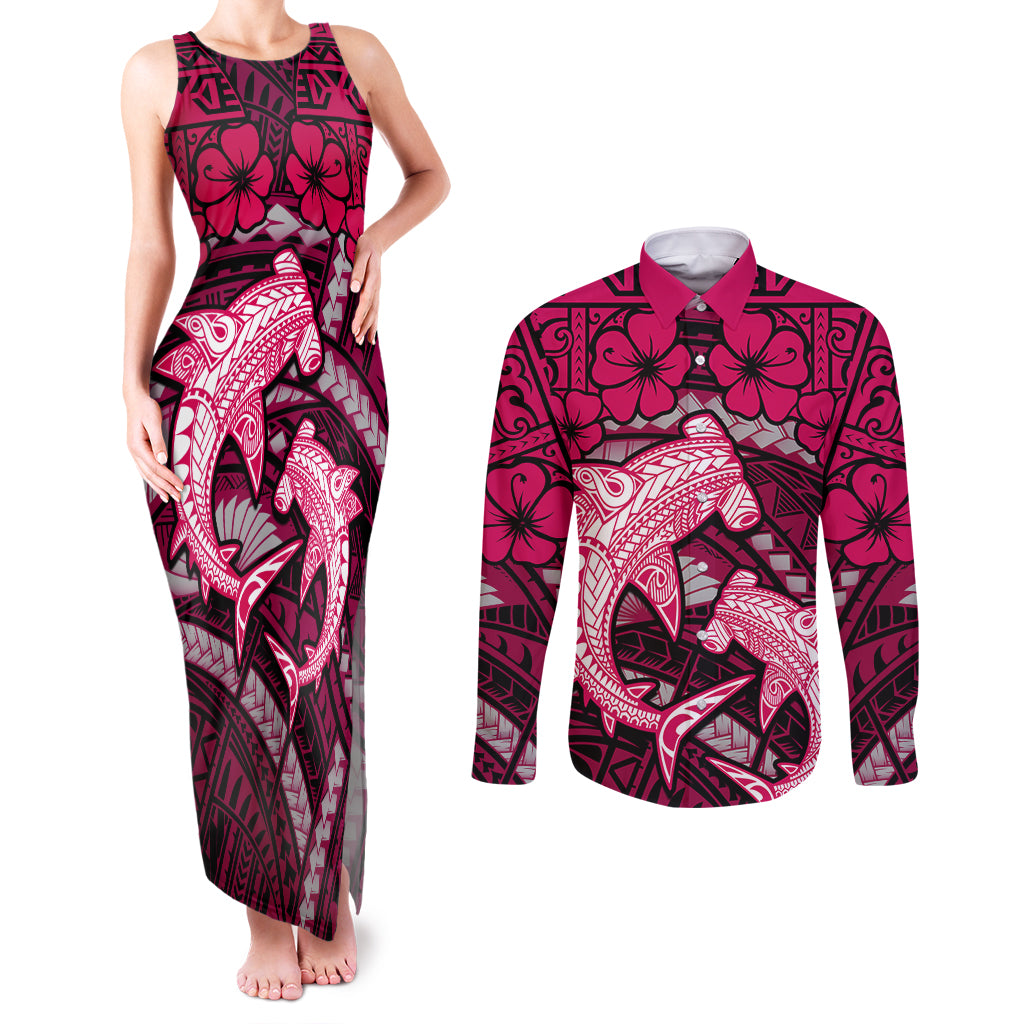 Polynesian Shark Valentine Day Couples Matching Tank Maxi Dress and Long Sleeve Button Shirt Hibiscus and Tribal Tattoo Pink Style LT03 Pink - Polynesian Pride