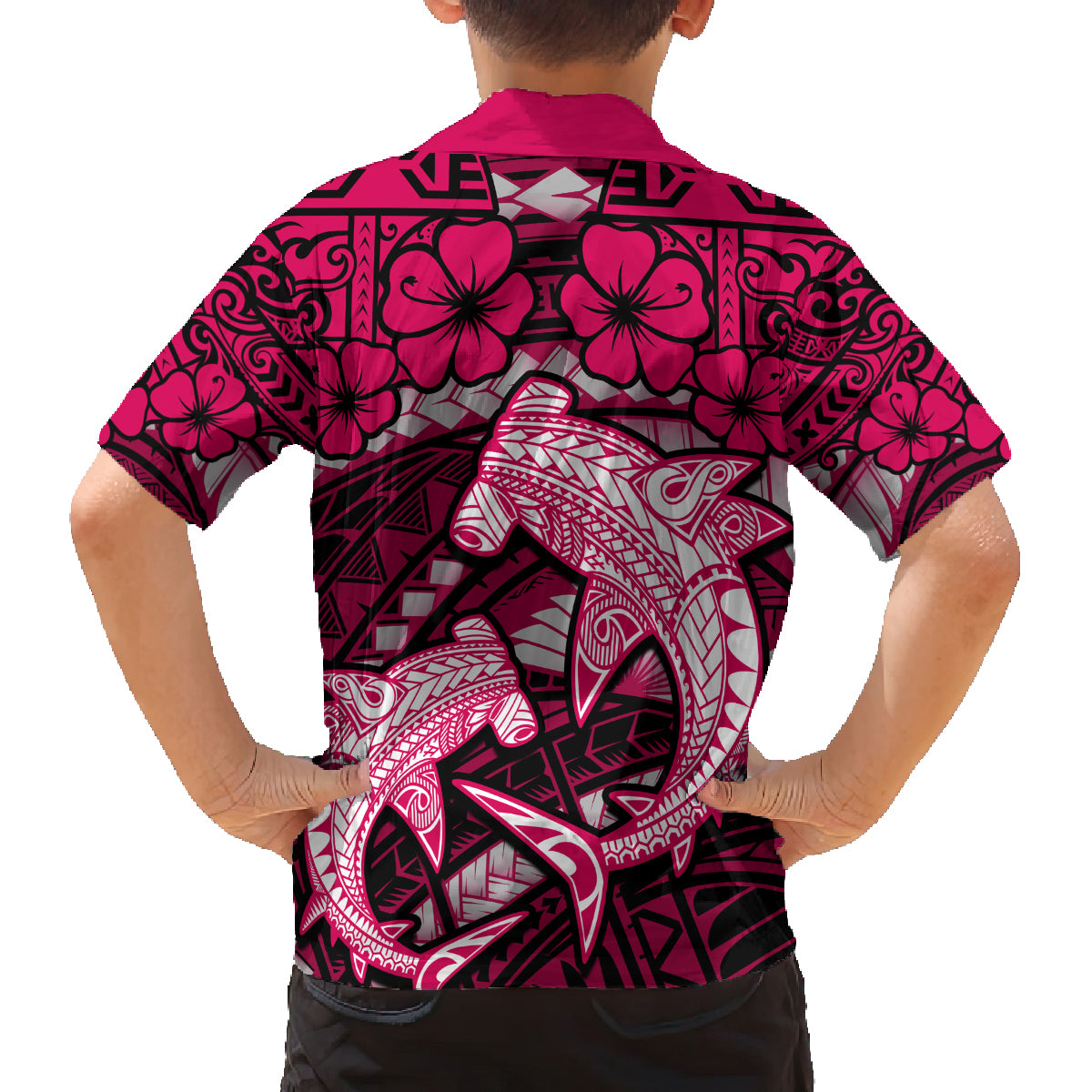 Polynesian Shark Valentine Day Family Matching Long Sleeve Bodycon Dress and Hawaiian Shirt Hibiscus and Tribal Tattoo Pink Style LT03 - Polynesian Pride