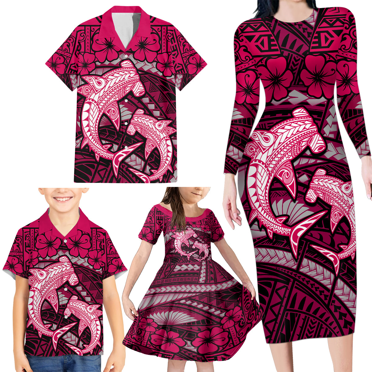 Polynesian Shark Valentine Day Family Matching Long Sleeve Bodycon Dress and Hawaiian Shirt Hibiscus and Tribal Tattoo Pink Style LT03 - Polynesian Pride