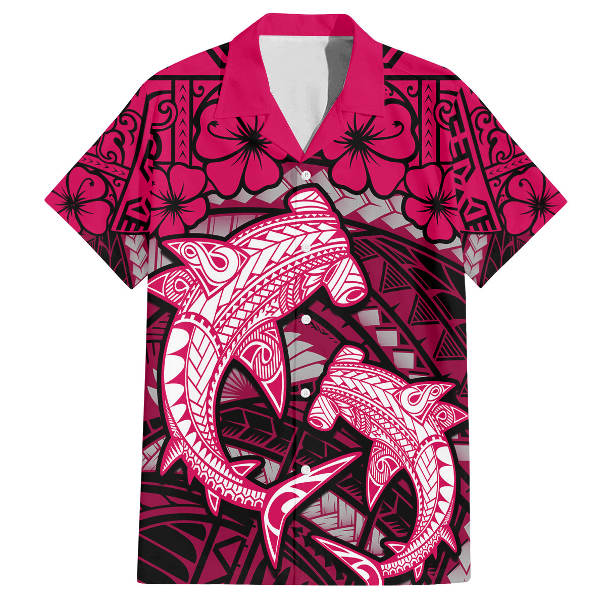 Polynesian Shark Valentine Day Family Matching Long Sleeve Bodycon Dress and Hawaiian Shirt Hibiscus and Tribal Tattoo Pink Style LT03 Dad's Shirt - Short Sleeve Pink - Polynesian Pride
