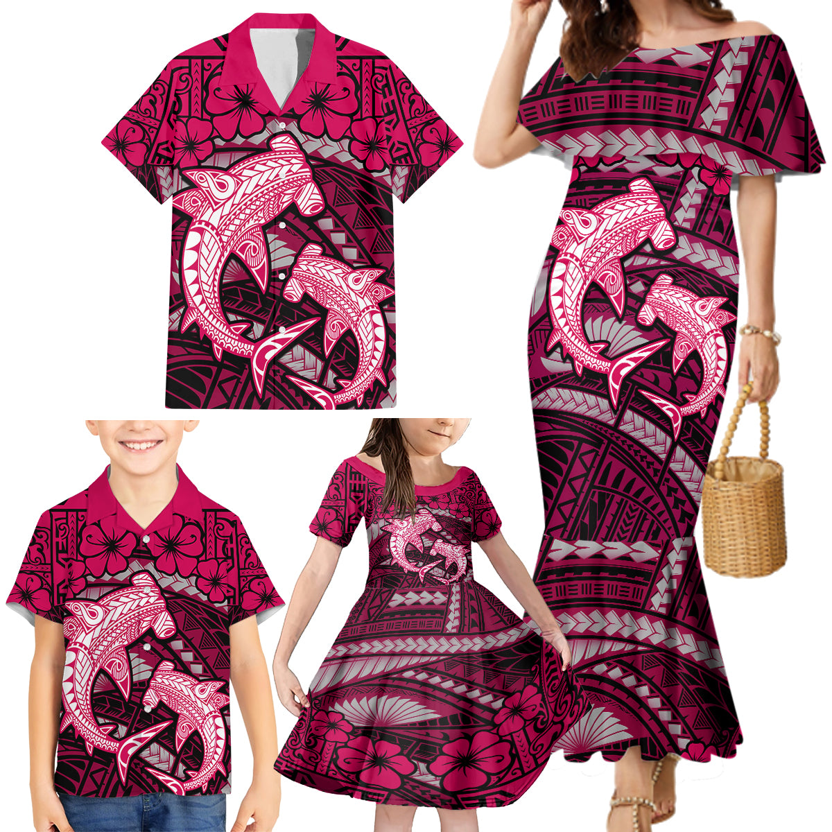 Polynesian Shark Valentine Day Family Matching Mermaid Dress and Hawaiian Shirt Hibiscus and Tribal Tattoo Pink Style LT03 - Polynesian Pride