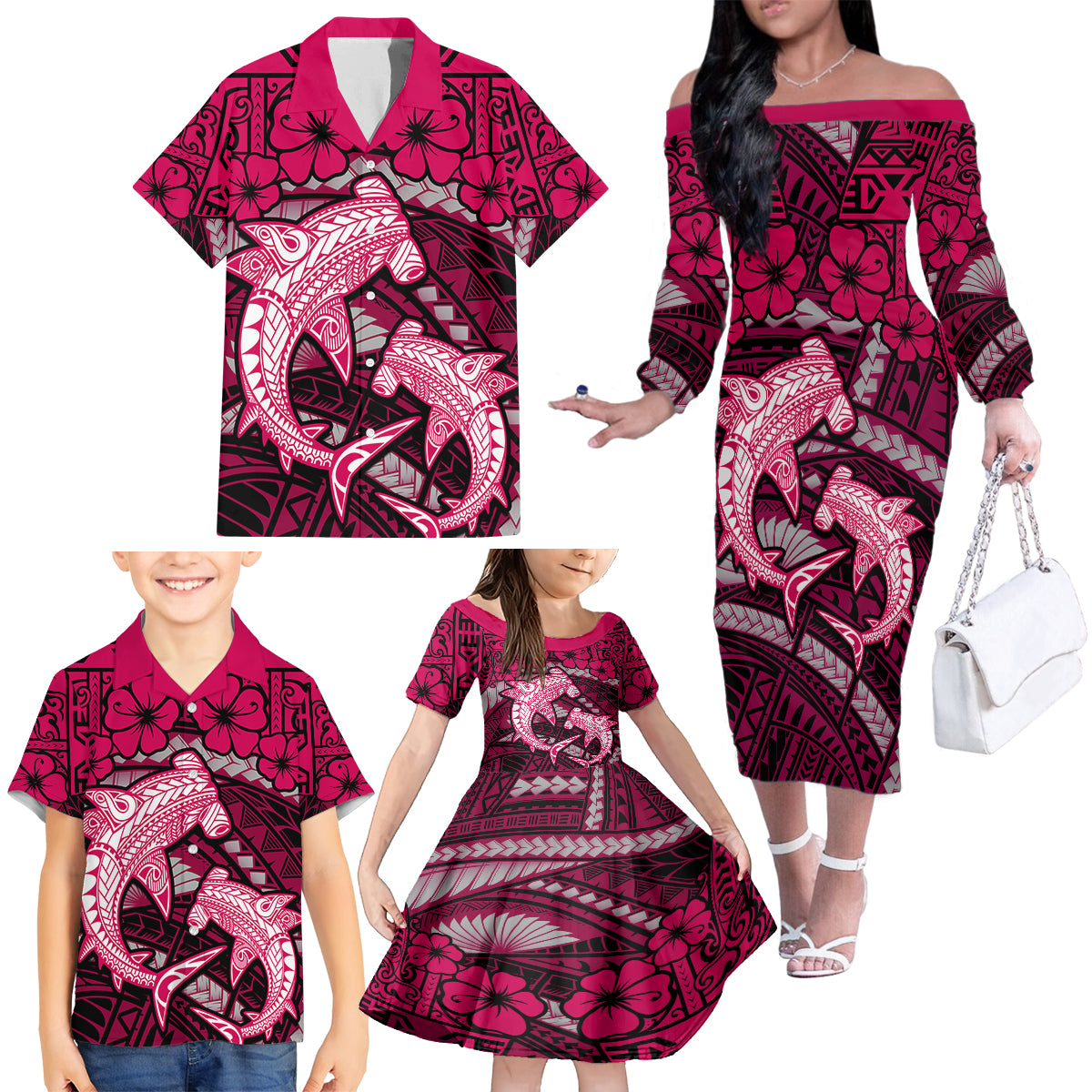 Polynesian Shark Valentine Day Family Matching Off Shoulder Long Sleeve Dress and Hawaiian Shirt Hibiscus and Tribal Tattoo Pink Style LT03 - Polynesian Pride