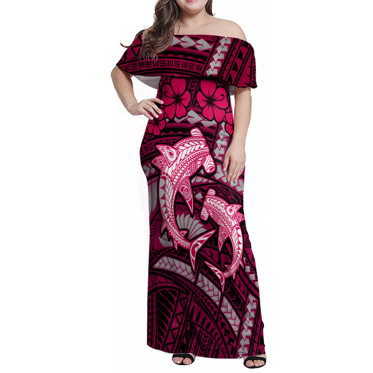 Polynesian Shark Valentine Day Family Matching Off Shoulder Maxi Dress and Hawaiian Shirt Hibiscus and Tribal Tattoo Pink Style LT03 Mom's Dress Pink - Polynesian Pride