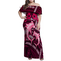 Polynesian Shark Valentine Day Family Matching Off Shoulder Maxi Dress and Hawaiian Shirt Hibiscus and Tribal Tattoo Pink Style LT03 Mom's Dress Pink - Polynesian Pride