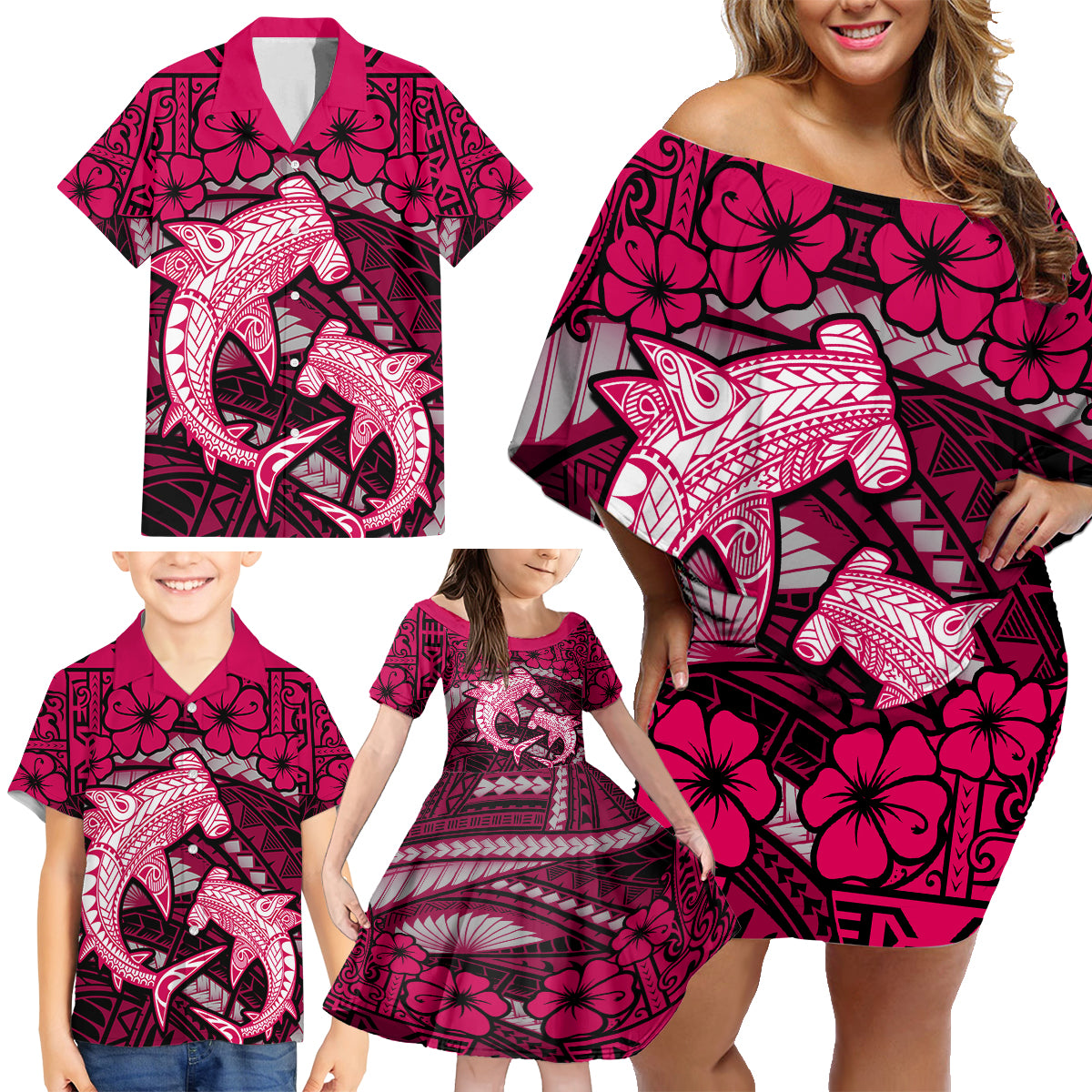 Polynesian Shark Valentine Day Family Matching Off Shoulder Short Dress and Hawaiian Shirt Hibiscus and Tribal Tattoo Pink Style LT03 - Polynesian Pride