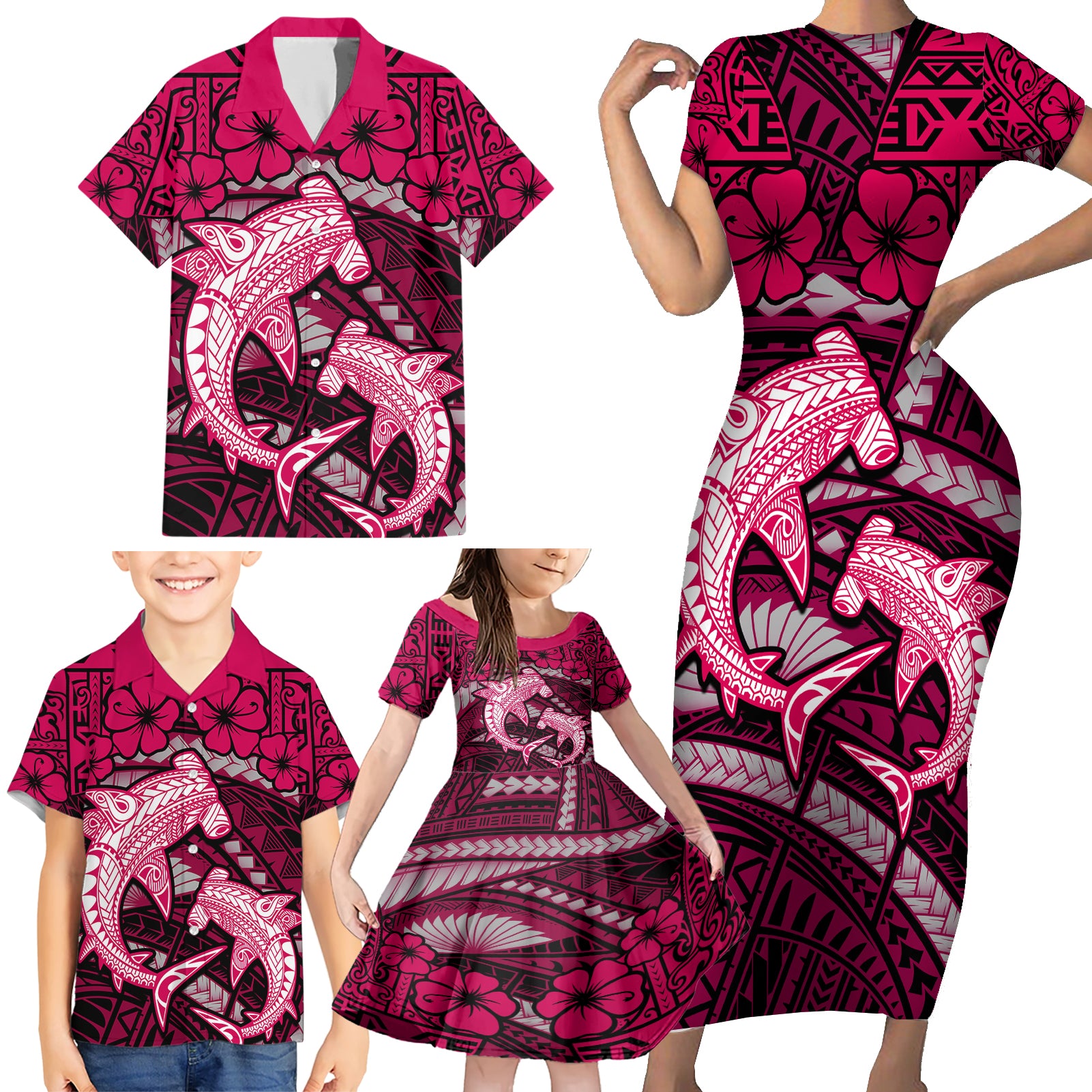 Polynesian Shark Valentine Day Family Matching Short Sleeve Bodycon Dress and Hawaiian Shirt Hibiscus and Tribal Tattoo Pink Style LT03 - Polynesian Pride