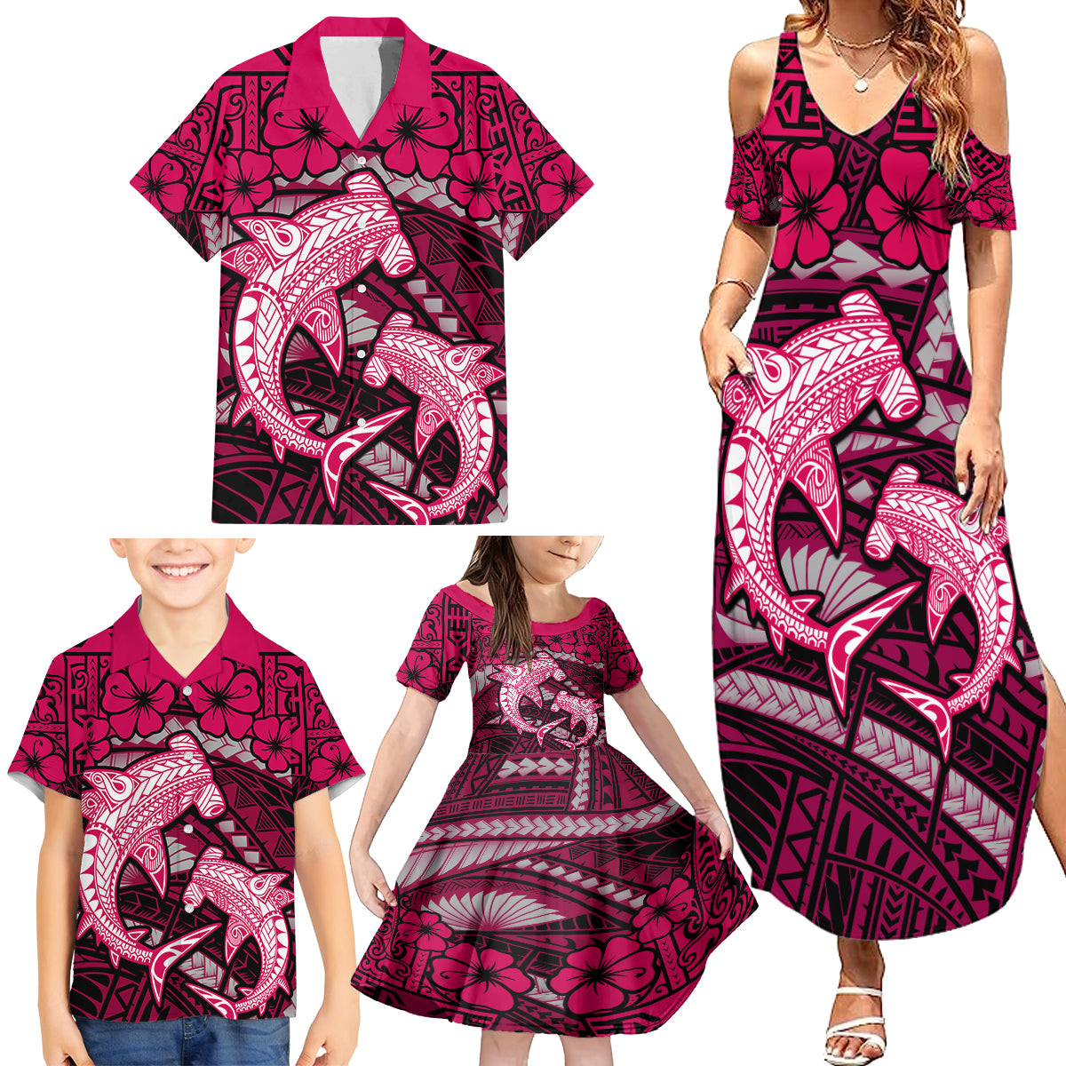 Polynesian Shark Valentine Day Family Matching Summer Maxi Dress and Hawaiian Shirt Hibiscus and Tribal Tattoo Pink Style LT03 - Polynesian Pride