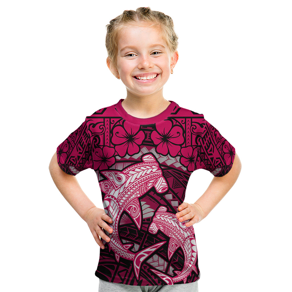 Polynesian Shark Valentine Day Kid T Shirt Hibiscus and Tribal Tattoo Pink Style LT03 Pink - Polynesian Pride