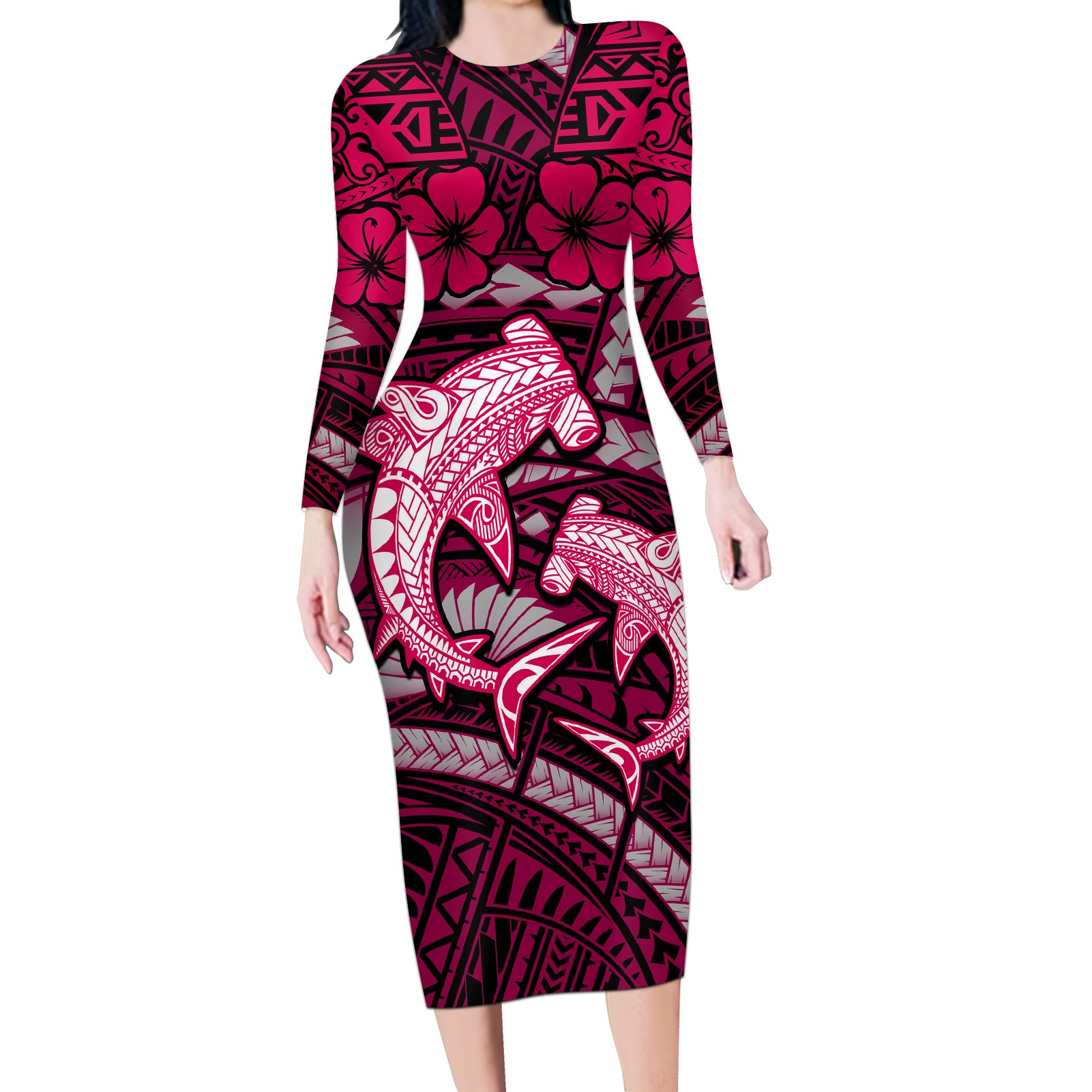 Polynesian Shark Valentine Day Long Sleeve Bodycon Dress Hibiscus and Tribal Tattoo Pink Style LT03 Long Dress Pink - Polynesian Pride