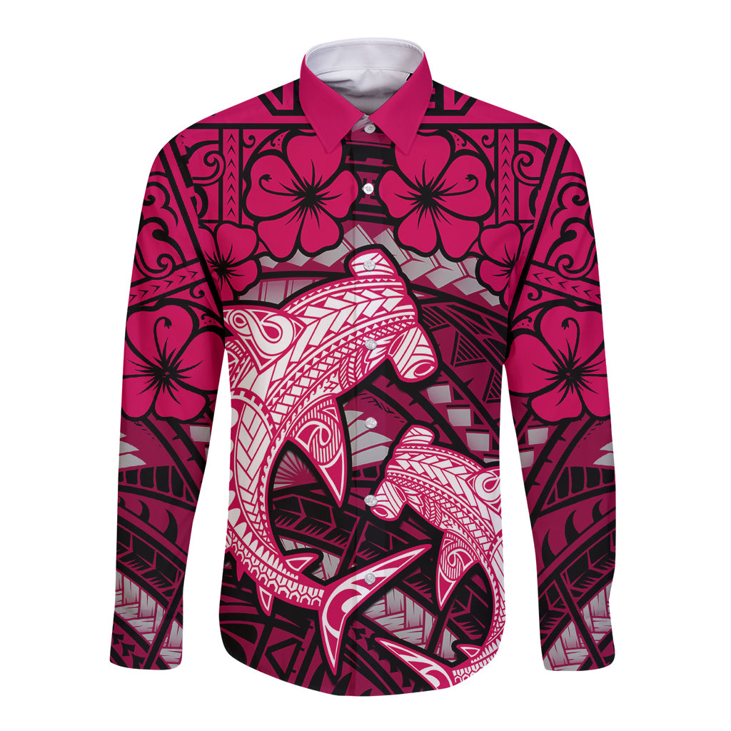 Polynesian Shark Valentine Day Long Sleeve Button Shirt Hibiscus and Tribal Tattoo Pink Style LT03 Unisex Pink - Polynesian Pride