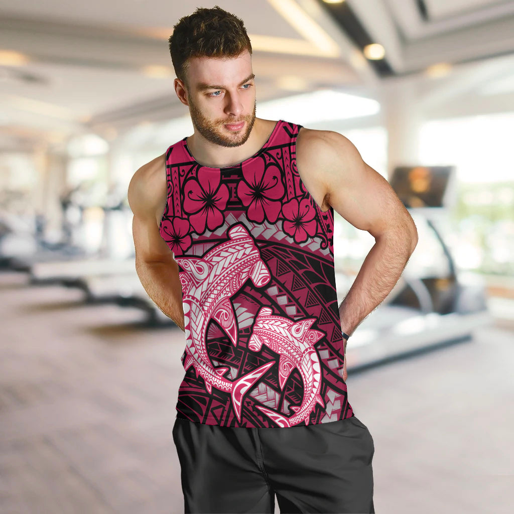 Polynesian Shark Valentine Day Men Tank Top Hibiscus and Tribal Tattoo Pink Style LT03 Pink - Polynesian Pride