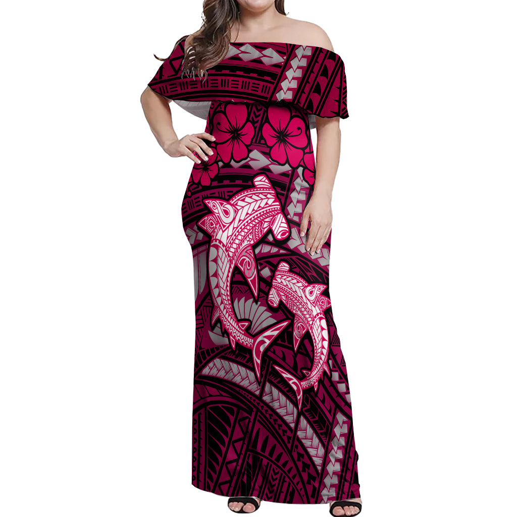 Polynesian Shark Valentine Day Off Shoulder Maxi Dress Hibiscus and Tribal Tattoo Pink Style LT03 Women Pink - Polynesian Pride